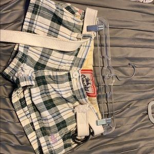 Beige green and blue plaid shorts